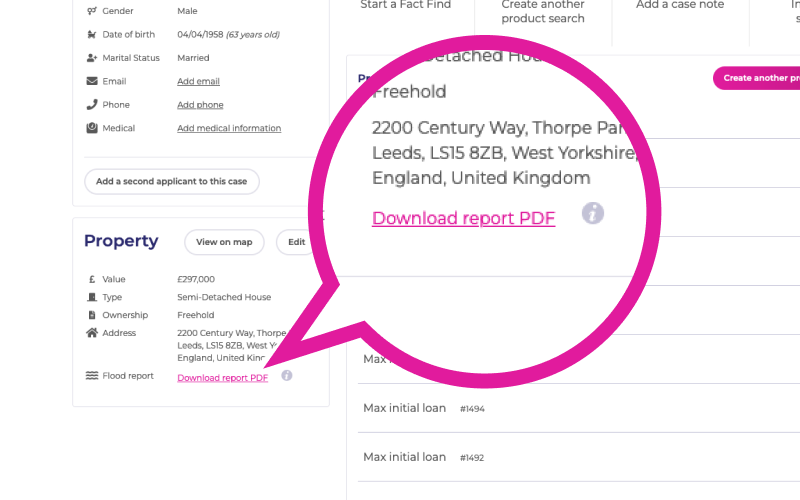 Screenshot of the Case View with flood map download